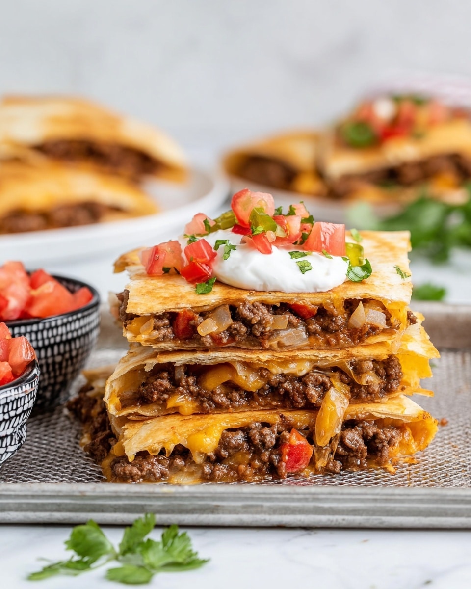 The image shows a stack of three quesadilla pieces on a wire mesh tray, placed on a white marbled surface. Each quesadilla piece has a golden brown crispy outer tortilla layer. Inside, there are two layers of cooked ground beef mixed with small chunks of red tomatoes and melted yellow cheese, with visible onion pieces giving a juicy texture. The top quesadilla piece is garnished with a dollop of white sour cream, diced red tomatoes, green jalapeno bits, and small green cilantro leaves. On the sides of the plate, a black and white patterned bowl contains fresh diced tomatoes. In the blurred background, there is a white plate with more quesadilla pieces and green herbs. Photo taken with an iphone --ar 4:5 --v 7
