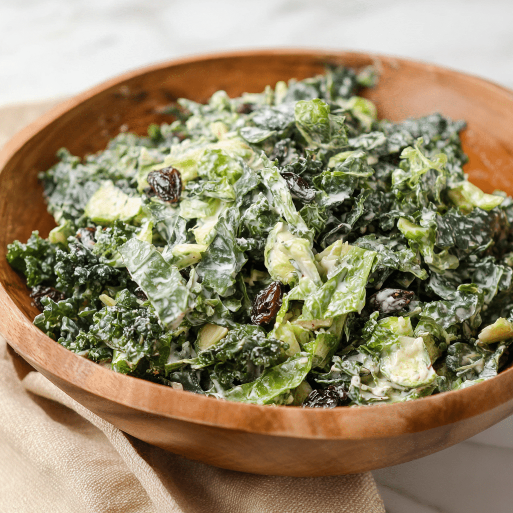 A fresh kale salad is shown in a smooth white bowl with a wood-like texture. The salad has two main layers: the first layer is made of dark green curly kale leaves that cover the whole bowl, rough and thick in texture. The second layer consists of small light green Brussels sprout slices mixed evenly with the kale, soft and slightly glossy. Scattered among these are small black raisins creating spots of dark color. The salad is lightly coated with a creamy white dressing that adds a soft shine on the kale leaves. The bowl sits on a white marbled surface with a beige cloth partly visible underneath. photo taken with an iphone --ar 4:5 --v 7