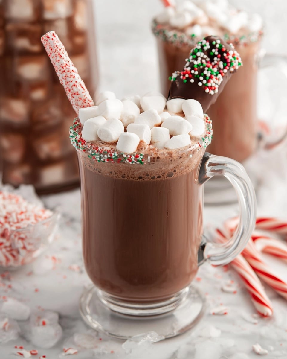 A clear glass mug filled with rich brown hot chocolate topped with a thick layer of small white marshmallows. A white and red speckled peppermint stick is inserted vertically in the middle of the marshmallows, adding a festive touch. In the background, there is another glass mug also filled with hot chocolate and ice cubes, with a chocolate-covered peppermint stick dipped in colorful red, green, and white round sprinkles resting on the rim. The scene is set on a white marbled surface with wrapped peppermint candies and extra chocolate-covered peppermint sticks decorated with the same sprinkles scattered around, giving a cozy and festive feel. photo taken with an iphone --ar 4:5 --v 7