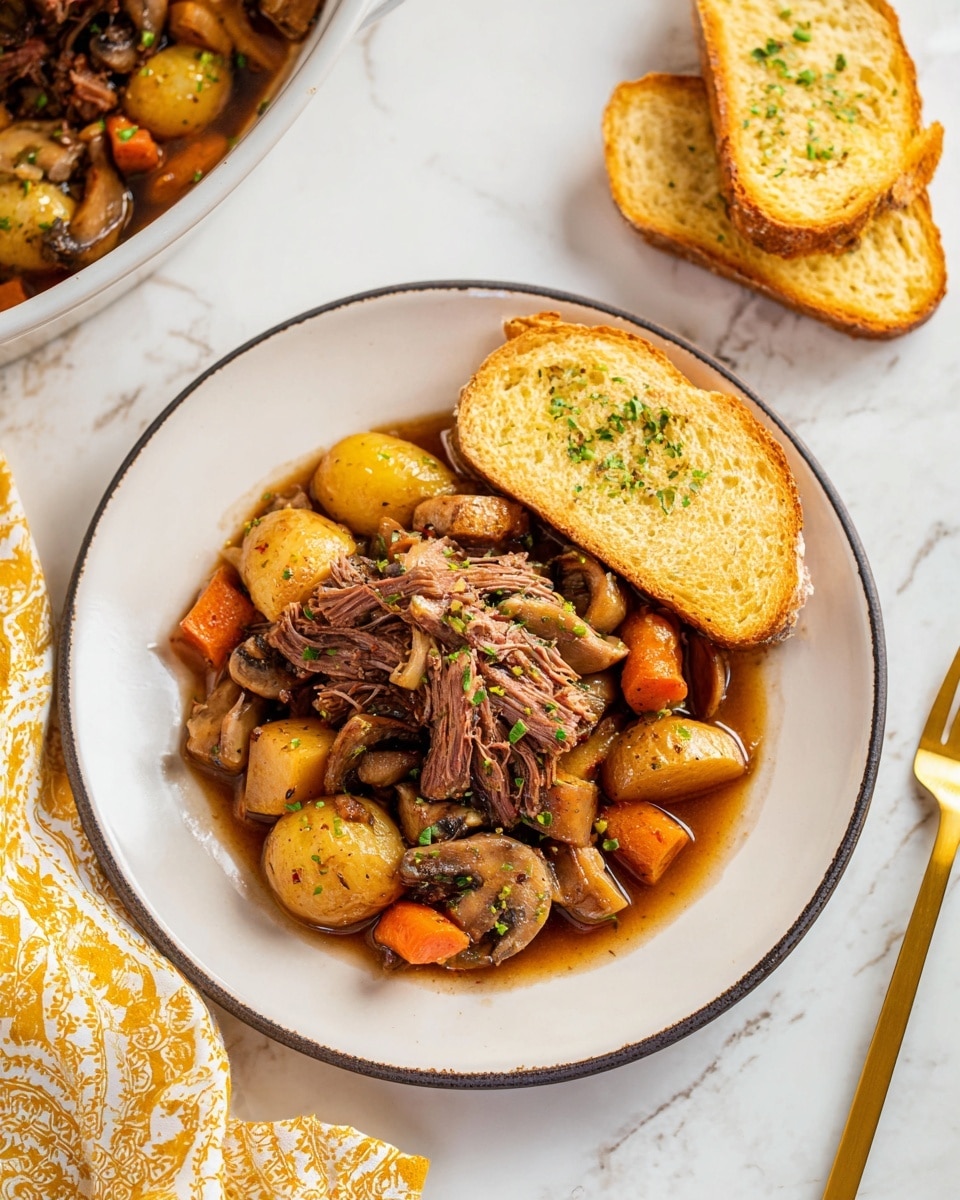 A white plate with a dark rim is filled with a stew featuring shredded dark brown meat placed on top, surrounded by chunky pieces of orange carrots, light brown potatoes, and sliced tan mushrooms. The vegetables and meat sit in a rich, glossy brown sauce, garnished with small green herb bits scattered over the whole dish. On the top right side of the plate, two pieces of toasted light golden bread with a slightly crunchy texture rest casually, one leaning on the other, sprinkled with green herbs. The plate is set on a white marbled surface next to a yellow and white patterned cloth and a gold fork near the bottom left edge. A white dish with more stew is partially visible at the top. photo taken with an iphone --ar 4:5 --v 7