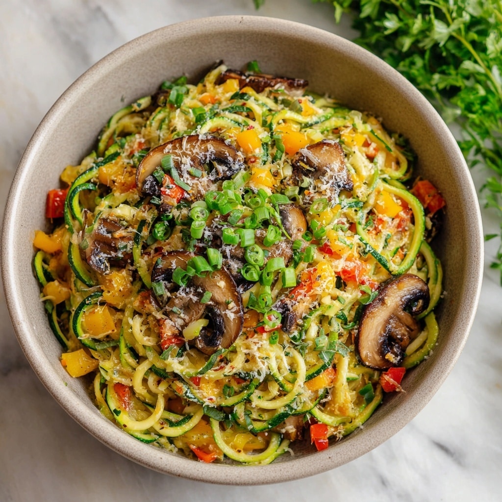 A bowl filled with zucchini noodles that are light green and curly forms the bottom layer, mixed with small pieces of orange and red bell peppers and diced yellow bell peppers scattered on top. Sliced brown mushrooms are placed throughout, adding texture and an earthy tone. The dish is lightly sprinkled with finely chopped green onions and grated cheese, giving hints of white and green colors over the colorful vegetables. The bowl itself is a gray-beige ceramic, placed on a white marbled surface with a blurred background that includes green herbs. Photo taken with an iphone --ar 4:5 --v 7
