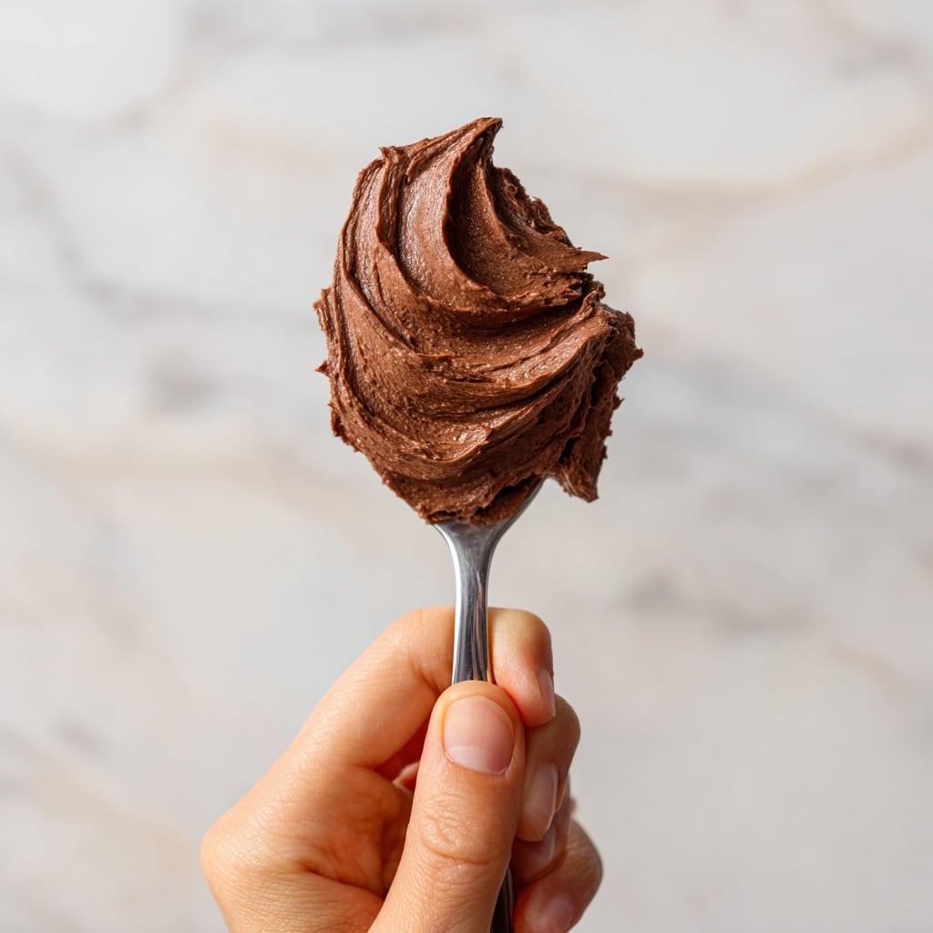 A clear glass filled with a rich, thick chocolate mousse, showing a dense texture with some darker and lighter patches inside, topped generously with a thick, creamy swirl of mousse that peaks with soft folds and slight ridges, all set on a light wooden surface with a white marbled textured background. Photo taken with an iphone --ar 4:5 --v 7