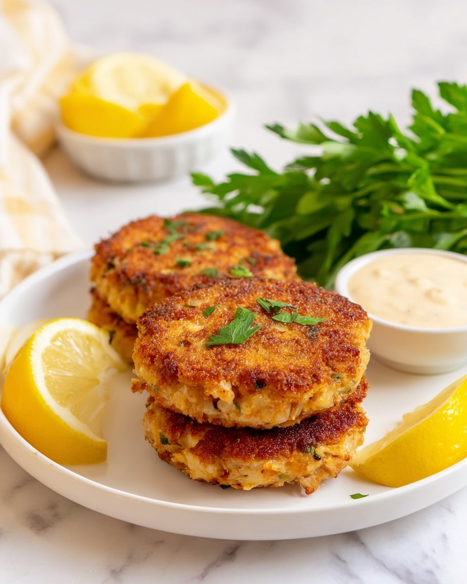 The image shows three golden-brown crab cakes with a crispy texture stacked slightly over each other on a white plate, with green herbs sprinkled on the top crab cake. There are two bright yellow lemon wedges at the edges of the plate, with one lemon wedge near the front and another near the back beside a small white bowl filled with creamy sauce. A bunch of fresh green parsley rests behind the crab cakes, adding a touch of brightness. In the background, there is a smaller white dish holding more lemon wedges, all set on a white marbled surface. Photo taken with an iphone --ar 4:5 --v 7