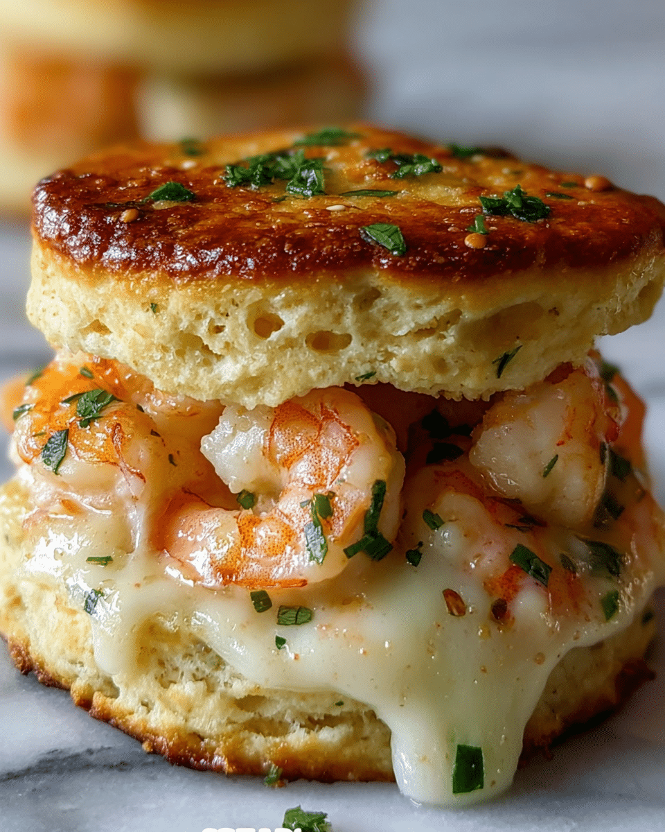 The image shows a close-up of a sandwich with three main layers. The top layer is a golden brown, toasted biscuit with a slightly crispy texture and small green herb pieces sprinkled on top. The middle layer consists of plump, pink shrimp mixed with melted white cheese and finely chopped green herbs, with the cheese oozing out slightly. The bottom layer is another soft, light biscuit matching the top one in texture and color. The sandwich sits on a white marbled surface. Photo taken with an iphone --ar 4:5 --v 7