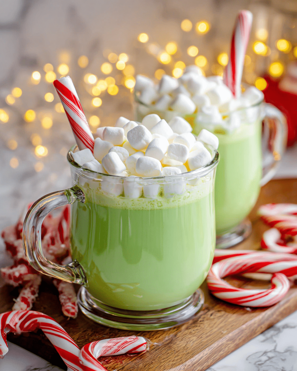Two clear glass mugs hold bright green drinks filling about three quarters of each mug. Each drink is topped with a thick layer of small, white marshmallows that almost overflow the mugs. On top of the marshmallow layer, there is one red and white striped candy cane resting diagonally across each mug. The mugs are placed on a wooden surface with white and red striped candy canes scattered around. In the background, warm yellow fairy lights add a cozy glow, and the surface underneath is a white marbled texture. Photo taken with an iphone --ar 4:5 --v 7