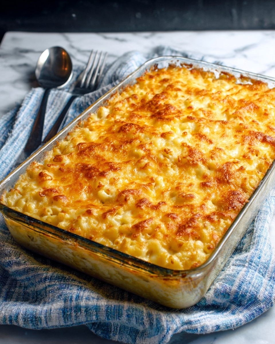 The image shows a rectangular clear glass baking dish filled with a golden-brown baked macaroni and cheese with a crispy top layer made of melted cheese. The macaroni pasta underneath is creamy and covered by a thick layer of browned, bubbly cheese that looks cheesy and crunchy. The dish is placed on a white marbled surface with a folded blue and white striped cloth beneath it, and a spoon and fork are placed to the left side. The overall look is warm and inviting, showing a classic comfort food. photo taken with an iphone --ar 4:5 --v 7