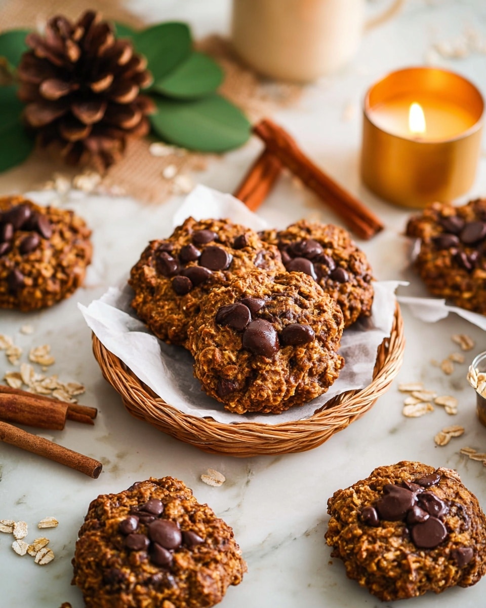 The image shows rough, chunky oatmeal cookies with dark brown chocolate chips on top, each cookie having one thick layer with a textured rough surface made of oats and chocolate pieces. The cookies are placed on white parchment paper and a small woven light basket in the center, surrounded by more cookies scattered directly on a white marbled surface with some loose oats around. Behind the cookies, there are cinnamon sticks laid flat and a brown pinecone with green leaves, and to the right, a golden candle lit with a warm glow adds a cozy light. The overall setting has a warm, rustic feel that highlights the cookies' home-baked look and chunky texture. photo taken with an iphone --ar 4:5 --v 7