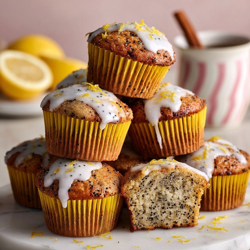The image shows a pile of lemon poppy seed muffins stacked on a white plate, with one muffin broken in half and placed on top to reveal its soft, light yellow inside filled with tiny black poppy seeds. Each muffin has a golden-brown top with a rough texture and is drizzled with shiny white icing, some topped with small bits of lemon zest adding a bright yellow touch. The muffins sit in yellow paper liners that slightly wrinkle around the edges. In the blurred background, there is a white plate with halved lemons and a white teacup with tea, all resting on a white marbled surface. photo taken with an iphone --ar 4:5 --v 7