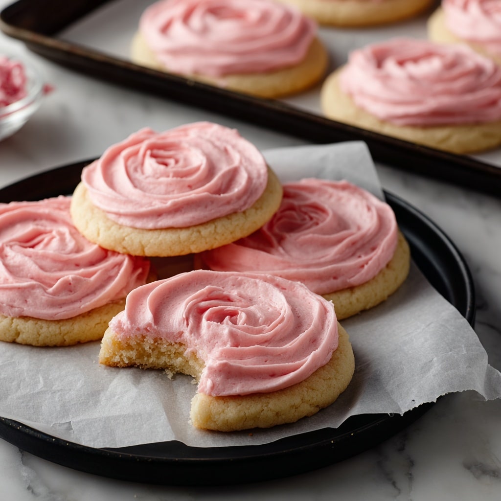 A close-up view of a pink cookie with a thick layer of light pink frosting swirled on top, shaped like a rose; one cookie is placed on a piece of white parchment paper on a black plate, with a visible bite taken out of the frosting and cookie, showing a soft, crumbly texture inside. In the background, more identical pink cookies with the same rose-shaped frosting are arranged closely together on a black tray lined with white parchment paper, all resting on a white marbled surface. photo taken with an iphone --ar 4:5 --v 7