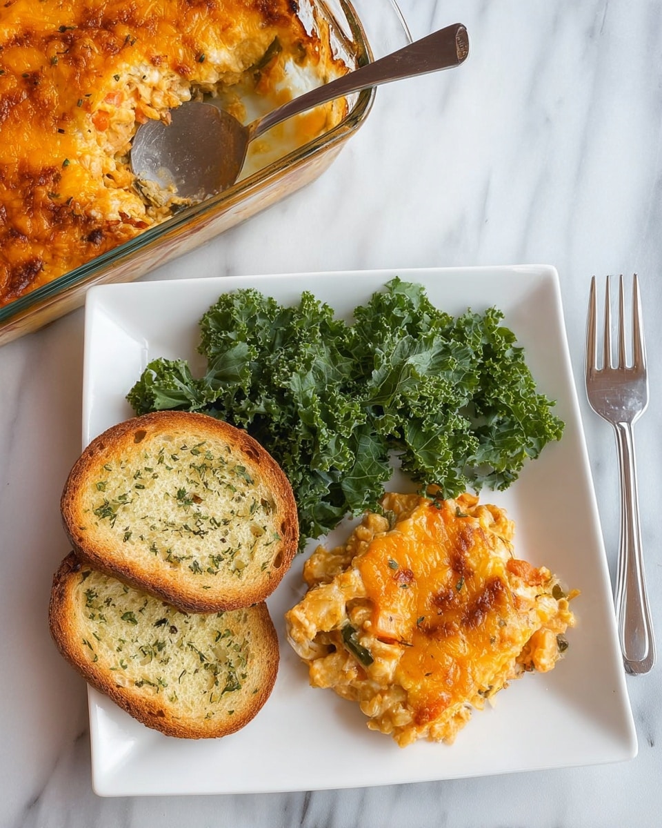 A white plate holds a slice of casserole with a golden brown crust on top, showing a textured layer of melted cheese and bits of orange and green vegetables beneath it. Next to the slice are two toasted bread pieces with a light brown, crunchy surface. To the side of the bread and casserole is a small pile of dark green kale leaves with a leafy texture. The plate sits on a white marbled texture surface, with a clear glass baking dish containing more casserole blurred in the background. Photo taken with an iphone --ar 4:5 --v 7
