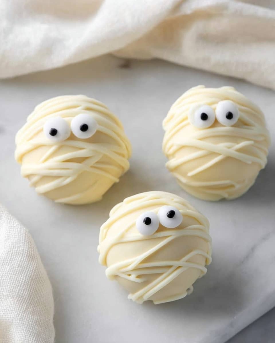 Three round white chocolate balls are placed on a white marbled surface. Each ball is covered in smooth white chocolate and has thin, uneven white chocolate lines drizzled all over, giving a wrapped look. Two small white sugar eyes with black centers sit on top of each ball, making them look like little mummy faces. A cream-colored cloth is softly arranged in the top left corner of the image. Photo taken with an iphone --ar 4:5 --v 7