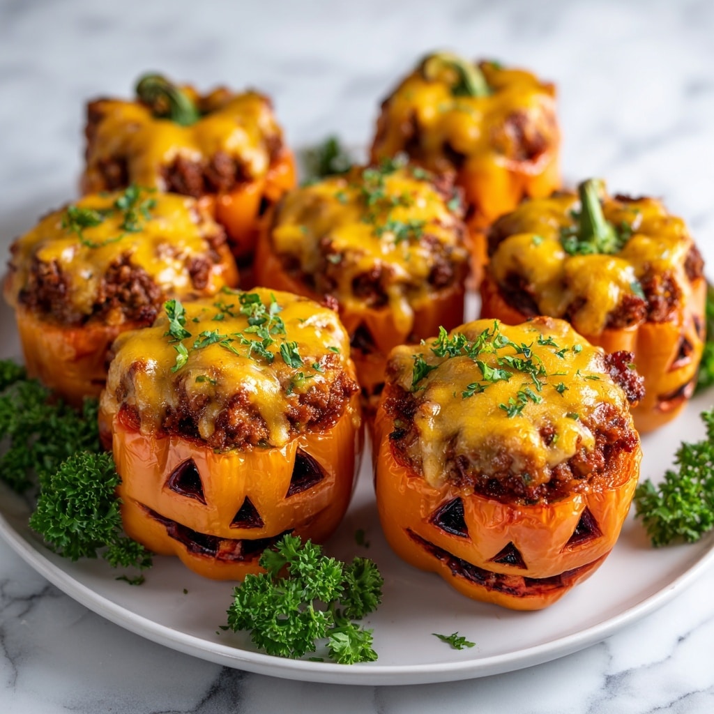 The image shows several stuffed orange bell peppers carved with jack-o'-lantern faces, each filled with a layer of cooked ground meat mixed with herbs, topped with a thick, golden melted cheese layer that drapes over the edges, and garnished with finely chopped green herbs. The peppers have a glossy texture, and the filling looks moist and savory. Fresh green parsley sprigs are placed around the white plate holding the peppers, and the background is a white marbled texture. Photo taken with an iphone --ar 4:5 --v 7