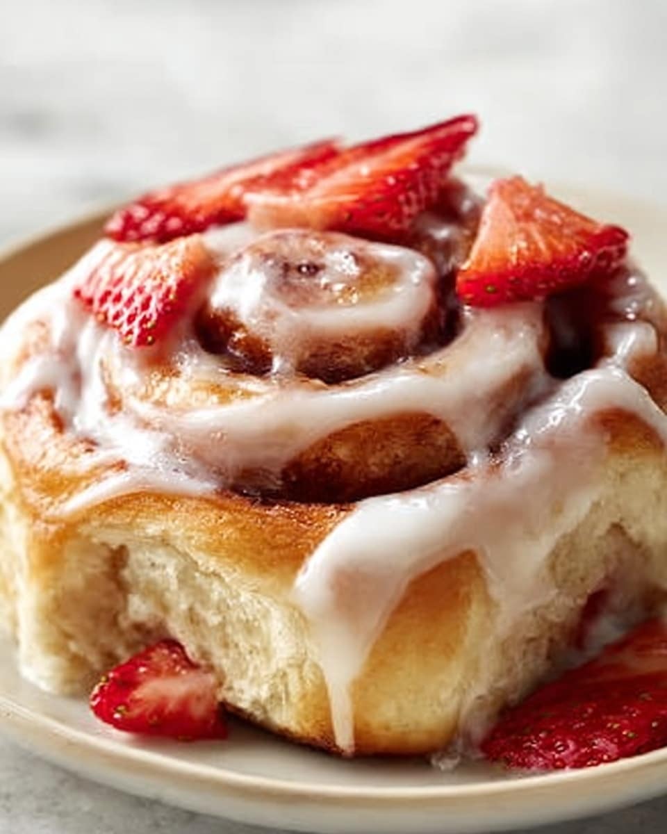 The image shows a close-up of a small cinnamon roll on a white plate, with three layers of soft, golden-brown dough spiraled tightly. The top layer is covered in thick, white icing that drips down the sides, adding a glossy texture. Fresh, thin strawberry slices are scattered on top of the icing, adding bright red color and a juicy look. The background has a white marbled texture that softly contrasts with the warm tones of the cinnamon roll. photo taken with an iphone --ar 4:5 --v 7