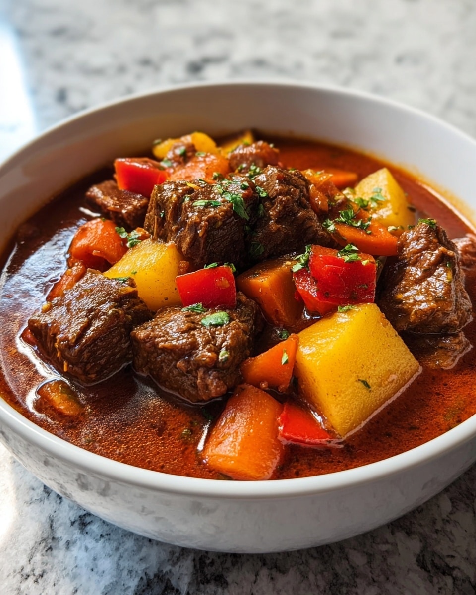 A white bowl filled with a thick brown stew containing large chunks of beef, golden yellow potato pieces, orange carrot cubes, and small bits of red and green bell peppers, all covered in a rich, glossy sauce. The stew has a hearty, chunky texture with some green garnish sprinkled on top. The bowl sits on a white marbled surface under natural light. photo taken with an iphone --ar 4:5 --v 7