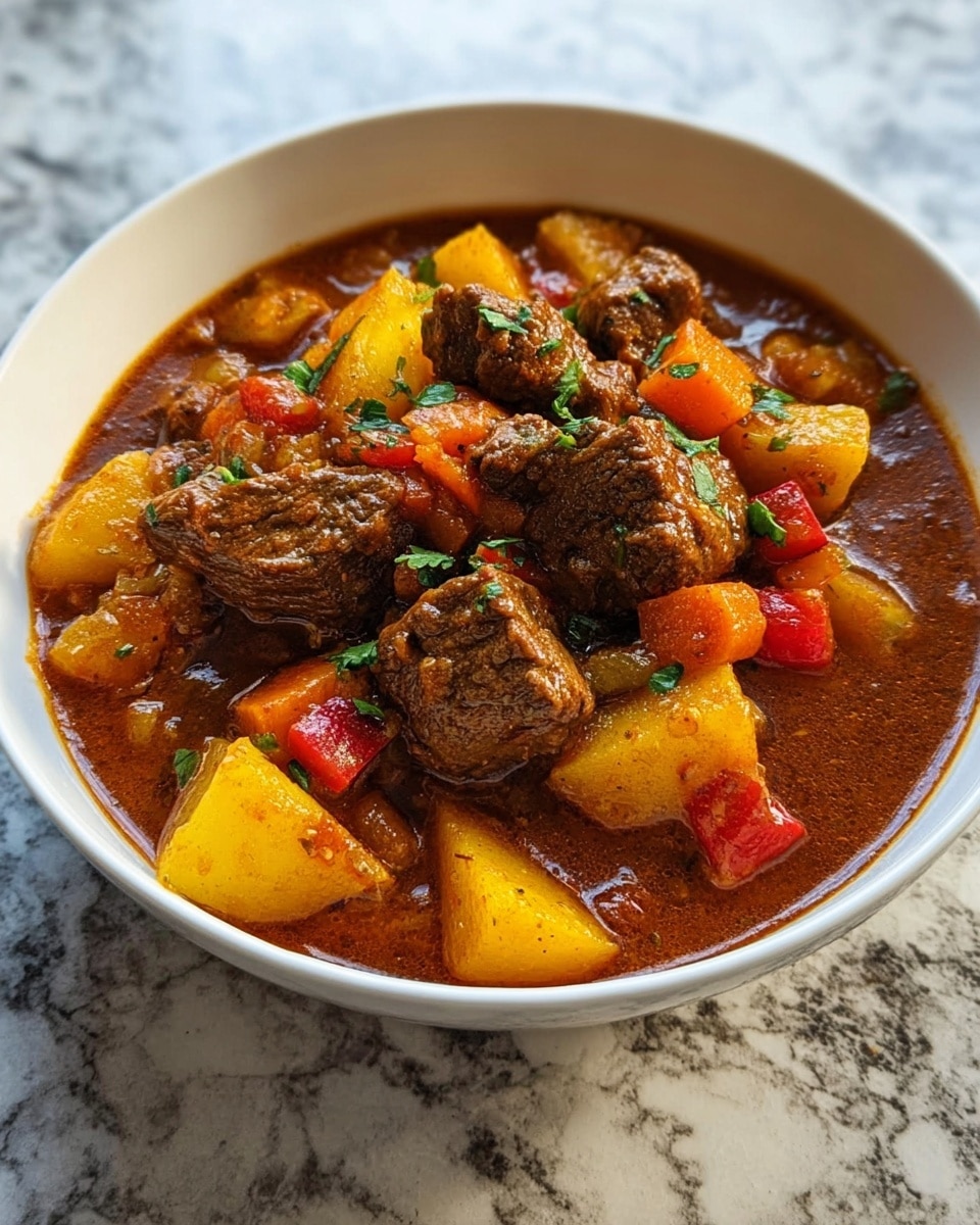 The image shows a white bowl filled with a thick beef stew resting on a white marbled surface. The stew has chunky pieces of dark brown beef and bright yellow potatoes scattered throughout. There are also orange carrot chunks and small red bell pepper pieces mixed in, all covered in a rich, dark reddish-brown broth. Small green herb bits are sprinkled on top, adding a touch of color. The stew looks hearty and well-cooked, with glossy textures from the sauce surrounding the vegetables and meat. photo taken with an iphone --ar 4:5 --v 7