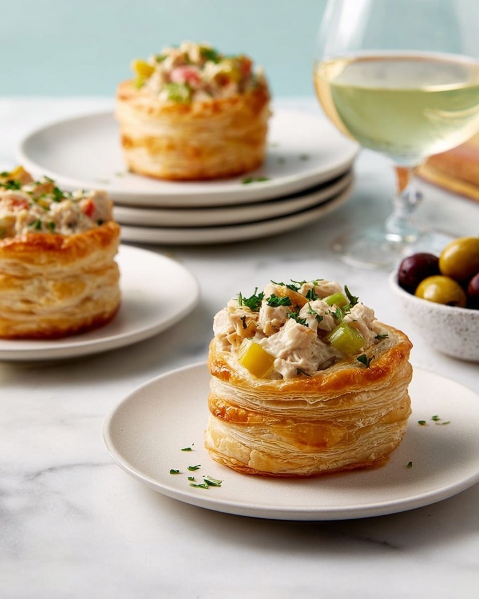 The image shows puff pastry cups with layers of golden-brown, flaky crust forming a tall, cylindrical shell. Each cup is filled with a creamy salad mixture containing small pieces of white chicken, yellow bell peppers, celery, and some green herbs on top for garnish. One cup sits on a white plate in the foreground, with two more cups on white plates in the background. A clear glass of white wine is placed to the right, and a small bowl of olives sits to the left on the white marbled surface. photo taken with an iphone --ar 4:5 --v 7