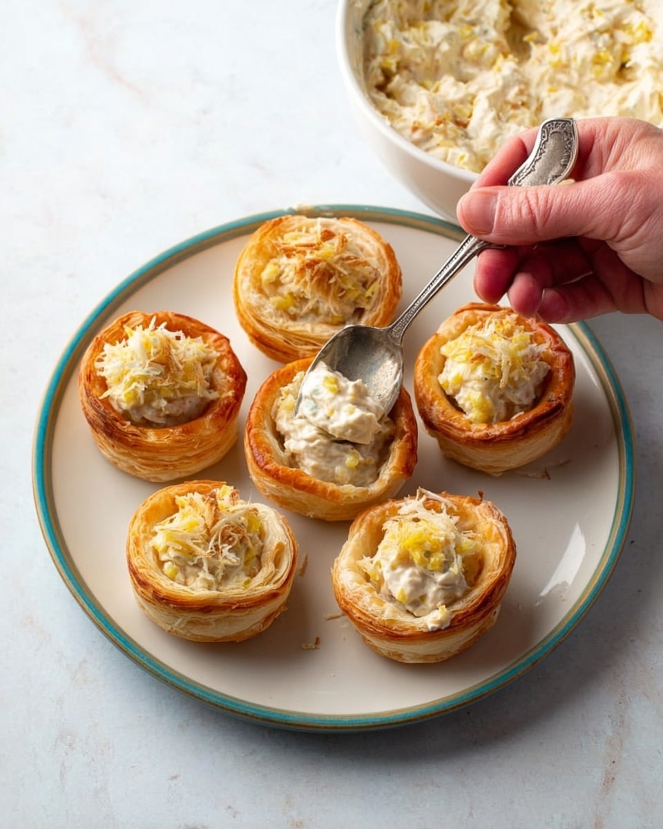 The image shows six small round puff pastry shells arranged on a white plate with a glossy finish, set on a white marbled surface. Three of the shells are empty, showing their golden-brown, flaky layers with a hollow center. The other three shells are partially filled with a creamy mixture that looks light beige with visible chunks of small yellow pieces and shredded white elements. A woman's hand holding a silver spoon is filling one of the empty shells with the creamy mixture. In the background, there is a large white bowl filled with more of the same creamy mixture. The scene is bright and clear. photo taken with an iphone --ar 4:5 --v 7