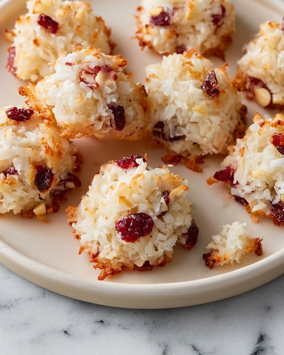 A white rectangular plate filled with about ten small round coconut macaroons, each with a rough texture made of white shredded coconut and bits of red cranberries scattered throughout, some macaroons showing light golden brown edges from baking. To the top right of the plate, a white cup filled with black coffee rests on a matching white saucer, which holds one macaroon. The background is a white marbled surface. photo taken with an iphone --ar 4:5 --v 7