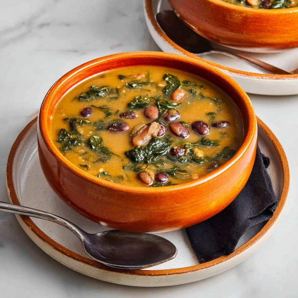A bright orange bowl filled with a thick, golden-brown soup layered with green spinach leaves and various beans in shades of black, brown, and beige floating throughout. The bowl sits on a larger white plate with a soft wood-like finish, topped with a folded black napkin edged with an orange line and a silver spoon resting on the side. The background is a white marbled surface with another similar bowl partially visible in the corner, filled with the same soup. photo taken with an iphone --ar 4:5 --v 7
