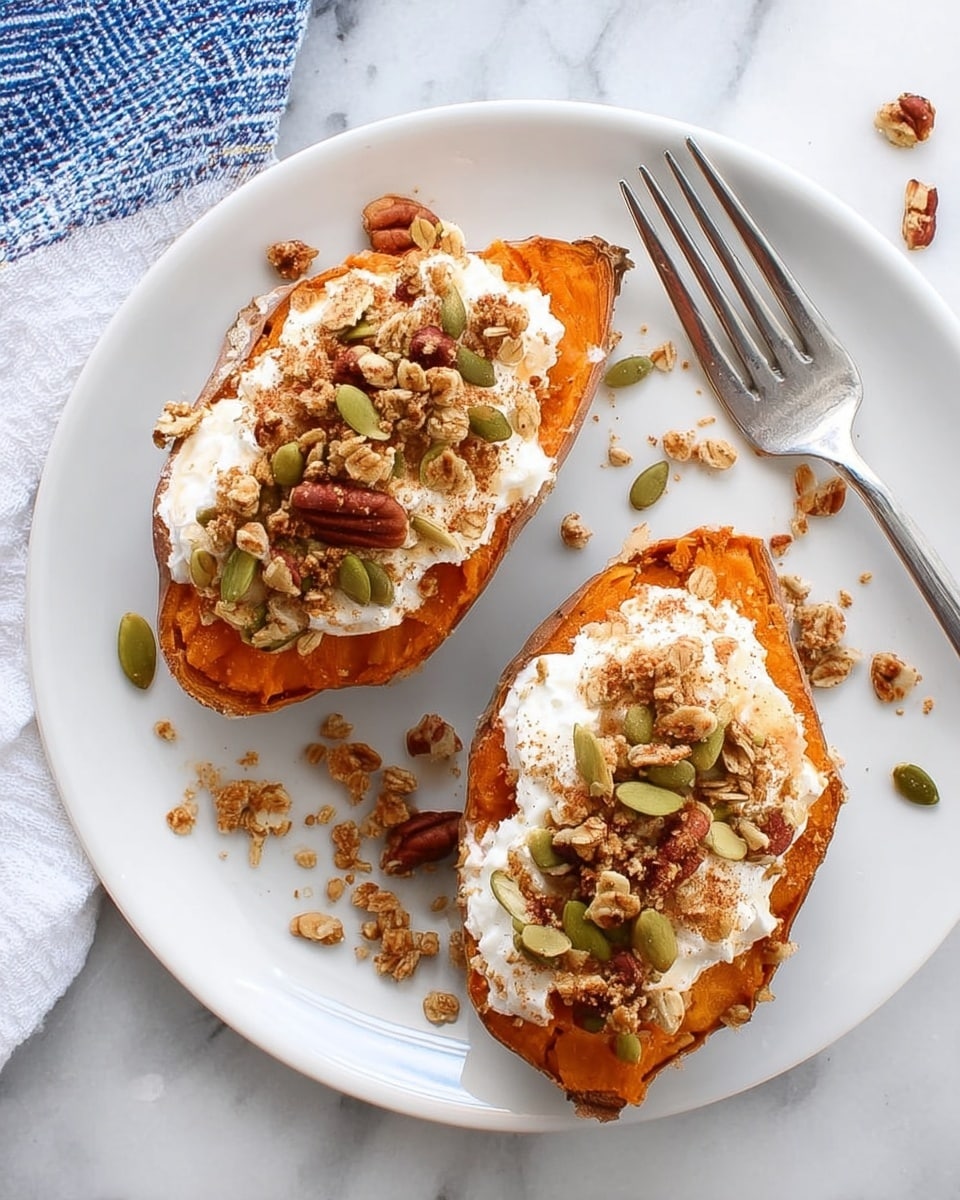 Two halves of a baked sweet potato lie on a white plate, each filled with a layer of bright orange soft sweet potato, topped with a thick spread of white creamy cottage cheese. On top of the cottage cheese is a crunchy layer of light brown granola sprinkled with green pumpkin seeds and small pecan pieces, finished with a light drizzle of honey and a dusting of cinnamon. A silver fork rests at the upper right side of the plate, and scattered granola pieces surround the potatoes. The plate sits on a white marbled surface with a glimpse of a blue and white cloth at the top edge of the frame. photo taken with an iphone --ar 4:5 --v 7