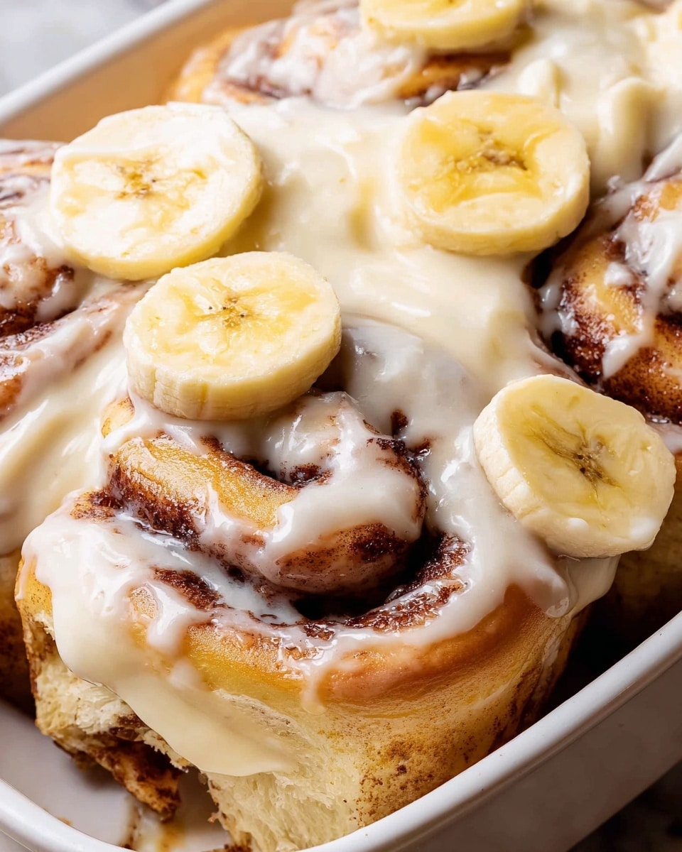 A close-up of cinnamon rolls in a white dish, showing three layers: the bottom layer is soft, golden-brown rolled dough; the middle layer is dark cinnamon swirl inside the roll; the top layer is smooth, creamy white icing spread thickly over the rolls. Slices of light yellow banana are placed on top, adding a fresh touch. The dish sits on a white marbled texture surface. photo taken with an iphone --ar 4:5 --v 7