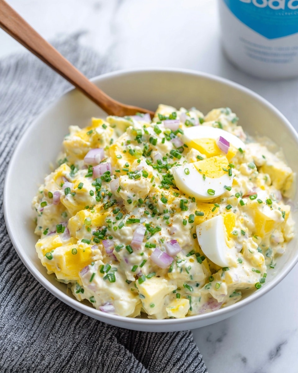 A white bowl filled with a creamy egg salad sits on a patterned white plate on a white marbled surface. The egg salad shows chopped boiled egg whites mixed with a yellow creamy dressing and small bits of red onions. On top, there are quartered boiled egg pieces with bright yellow yolks facing up, sprinkled with finely chopped green chives and ground black pepper. A spoon with a wooden handle rests inside the bowl. In the background, there is a blue and white container of spreadable cheese and a soft gray fabric. Photo taken with an iphone --ar 4:5 --v 7