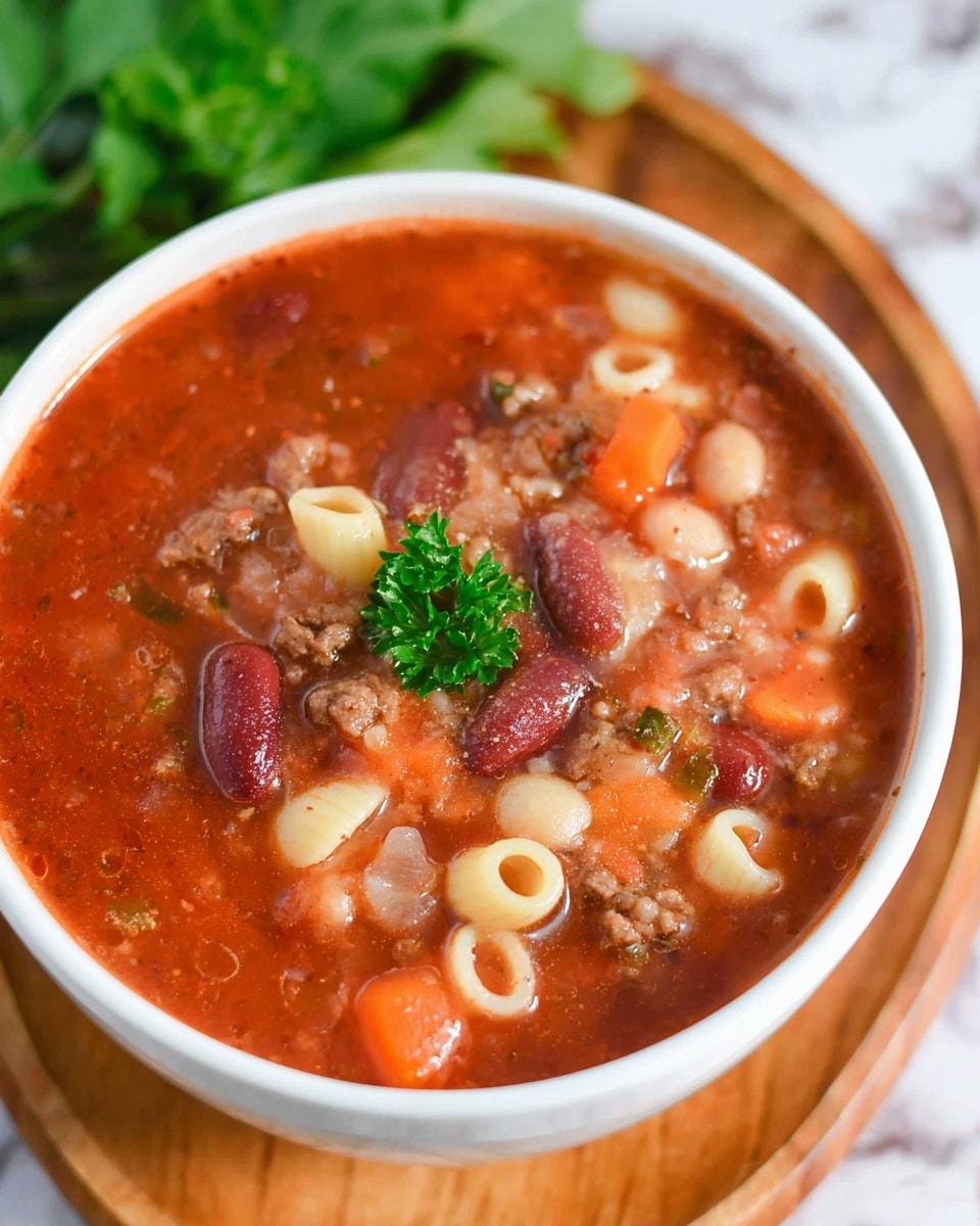 A white bowl filled with a chunky soup sits on a wooden board over a white marbled surface. The soup has three main layers: the clear reddish tomato broth as the base, floating pieces of kidney beans and small pasta shells with a creamy beige texture as the second layer, and small chunks of orange carrot and brown ground meat scattered through as the third layer. There is a small sprig of green parsley placed near the center of the soup. In the background, blurred parsley and a red and white checkered cloth add color. photo taken with an iphone --ar 4:5 --v 7