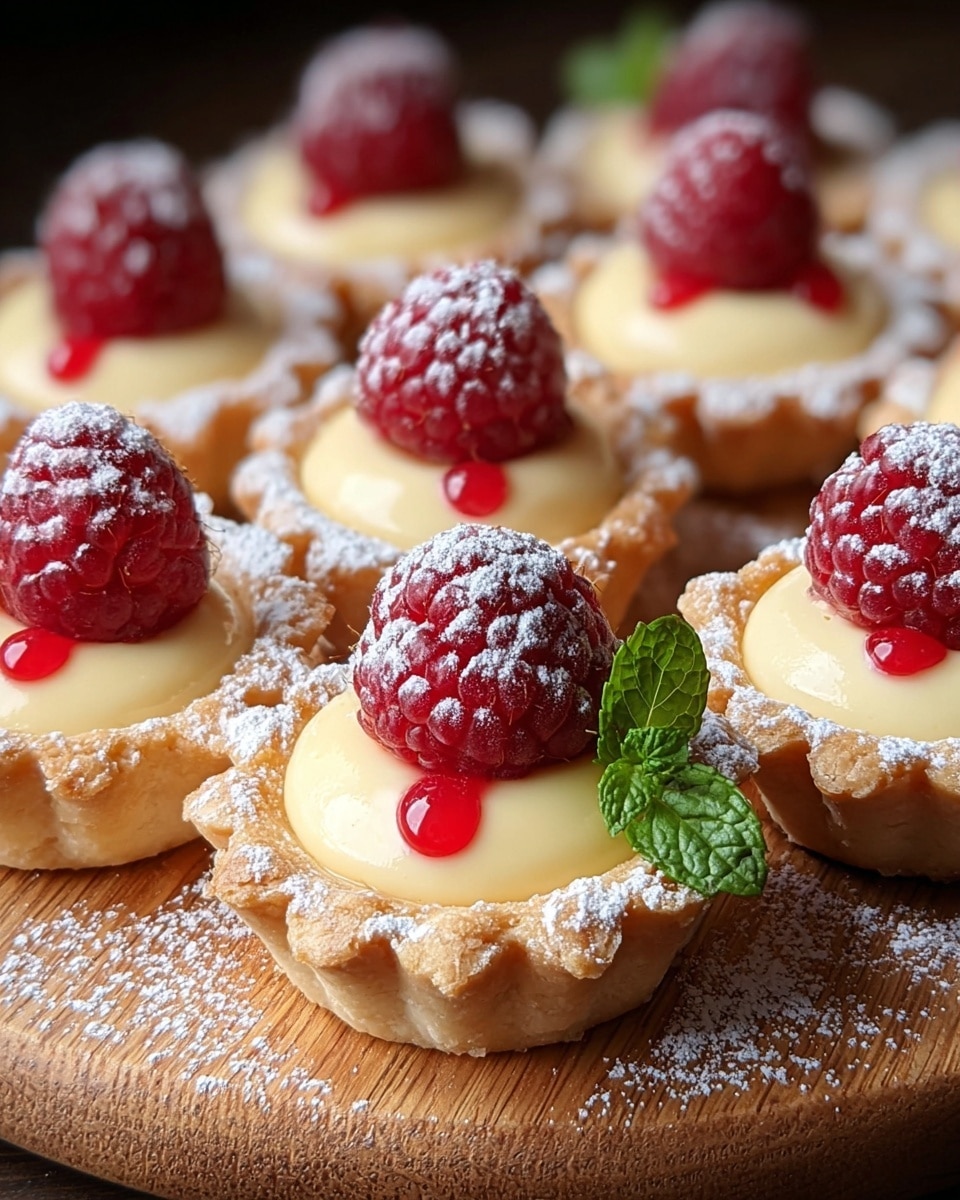 The image shows a group of small tartlets arranged closely together on a round wooden board dusted with powdered sugar. Each tartlet has a golden-brown, flaky crust forming a scalloped edge. Inside, a smooth, pale yellow cream fills each shell about three-quarters, topped with three bright red raspberries per tartlet. One tartlet in the front center has a small sprig of fresh green mint leaves placed on top, adding a pop of color. The wooden board sits on a white marbled surface. photo taken with an iphone --ar 4:5 --v 7