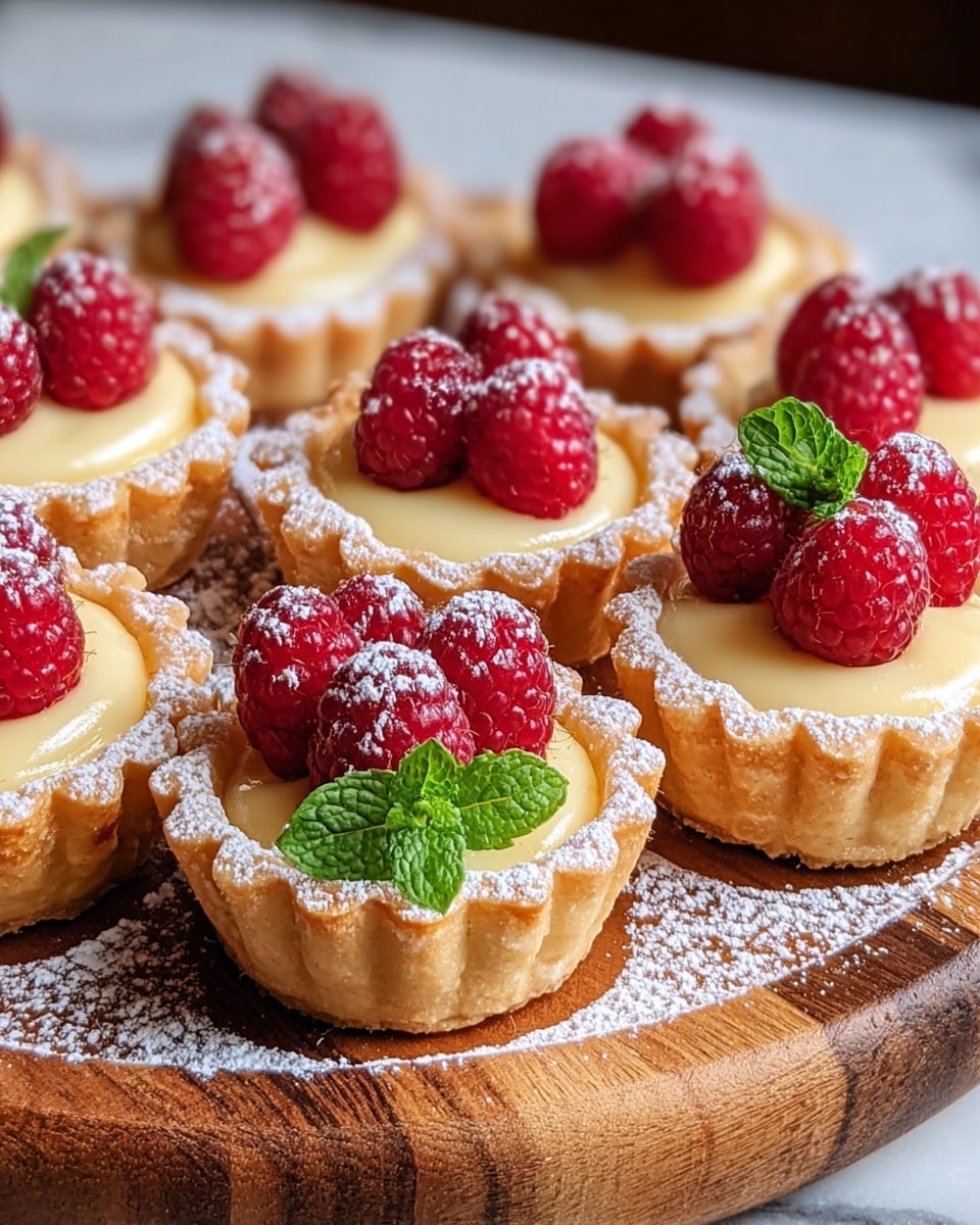 This image shows a group of small tartlets arranged closely on a round wooden board with powdered sugar dusted across the board and tartlet edges. Each tartlet has a golden-brown, crimped pastry shell as the base (first layer), filled with a smooth pale yellow cream filling (second layer). On top of the cream sits a plump, bright red raspberry, each dipped with a small dollop of shiny red glaze near its base. One tartlet near the center also has a fresh, green mint leaf adding color contrast. The textures include the crumbly crust, creamy filling, soft raspberry, and light powdered sugar. photo taken with an iphone --ar 4:5 --v 7