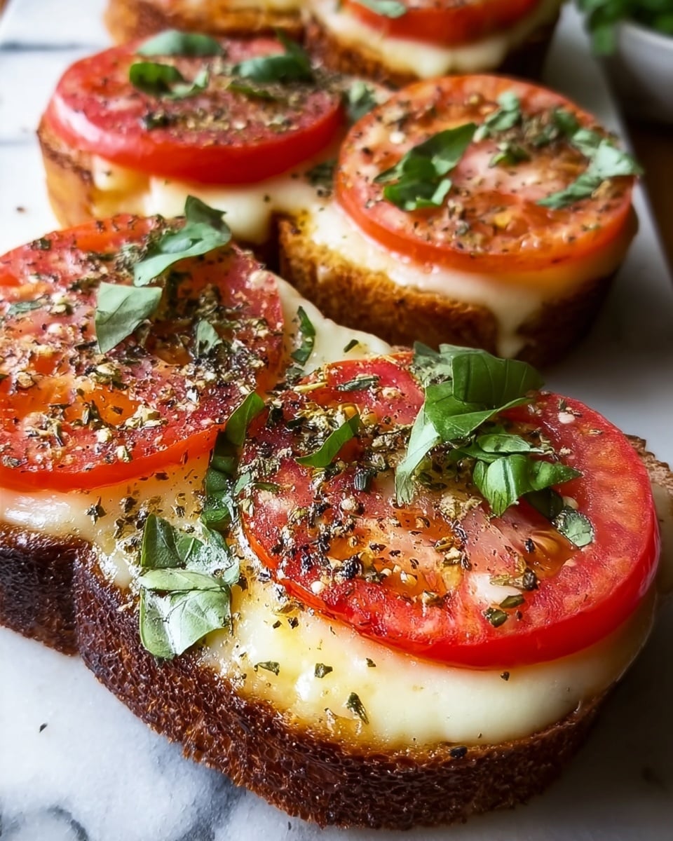 Three toasted bread slices are shown close-up, each with a golden-brown crust. On top, there is a layer of melted creamy white cheese covering the bread. Then, each slice has multiple bright red tomato slices, slightly cooked and glossy. Green leafy basil pieces are scattered on top, adding a fresh contrast. Small black and green dried herbs sprinkle over everything, giving texture and color. The bread is placed on a wooden board with a blurred green background. photo taken with an iphone --ar 4:5 --v 7