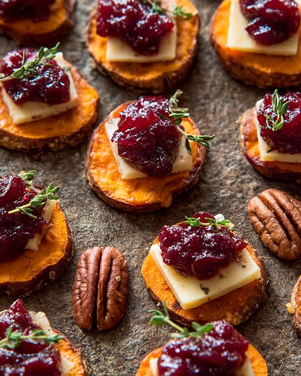 This image shows small bite-sized snacks arranged on a rough brown surface. Each snack has three layers: a base layer of bright orange roasted sweet potato round slice with a slightly crisp edge, a middle layer of a creamy light yellow cheese square, and a top layer of shiny deep red cranberry sauce dolloped unevenly. Some snacks are garnished with halves of brown pecan nuts and a small sprig of fresh green thyme. The textures contrast between the smooth cheese, chunky sauce, and crunchy nuts. Photo taken with an iphone --ar 4:5 --v 7