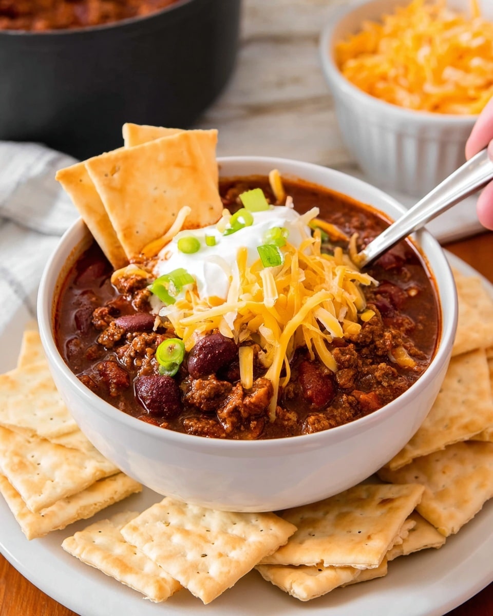 A white bowl filled with thick chili showing layers of dark red sauce, brown cooked ground meat, mixed black, red, and white beans, and small green pepper pieces. On top, there is a dollop of white sour cream, yellow shredded cheddar cheese sprinkled around, and a small green cilantro leaf in the center. The bowl is placed on a white plate with a ring of yellow corn chips and light beige square saltine crackers arranged neatly around it. To the upper left side, a silver pot filled with the same chili sits partly visible, and to the right, there is a bunch of fresh green cilantro on a white marbled surface. photo taken with an iphone --ar 4:5 --v 7