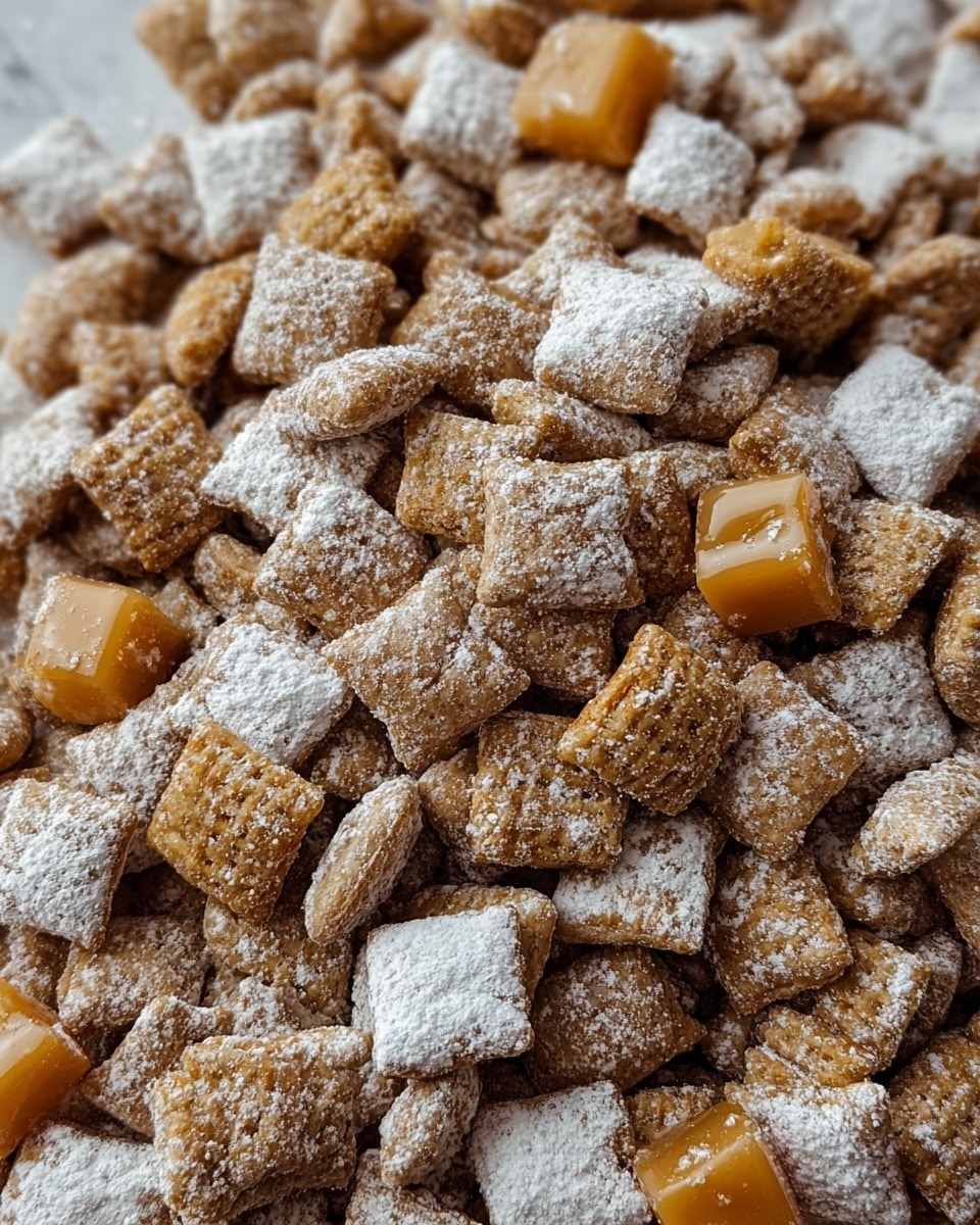 A close-up view of many small, square-shaped cereal pieces that are brown, coated evenly with white powdered sugar giving a soft, dusty texture on their surface. Scattered among the cereal are a few glossy, light caramel-colored chunks with a smooth, shiny texture that contrasts with the powdery cereal. The overall pile creates a mix of matte and shiny textures in light brown and caramel tones, set against a white marbled texture. photo taken with an iphone --ar 4:5 --v 7
