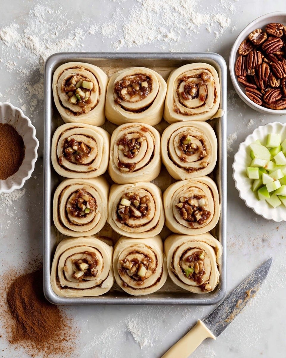 Twelve uncooked cinnamon rolls are arranged closely in a square metal baking pan lined with parchment paper. Each roll shows a visible swirl pattern with layers of light beige dough and a dark brown cinnamon filling mixed with small chunks of light yellow apple and bits of pecans. The rolls are puffy and soft looking, with some cinnamon sugar crumbs scattered on the white marbled texture surface underneath. Around the pan, to the right, there is a small white bowl filled with pecans and another white bowl with diced green apple pieces. On the left side of the image, there is a white dish with cinnamon powder and some scattered powdered sugar. A knife with a light wooden handle rests on the surface near the pan. photo taken with an iphone --ar 4:5 --v 7