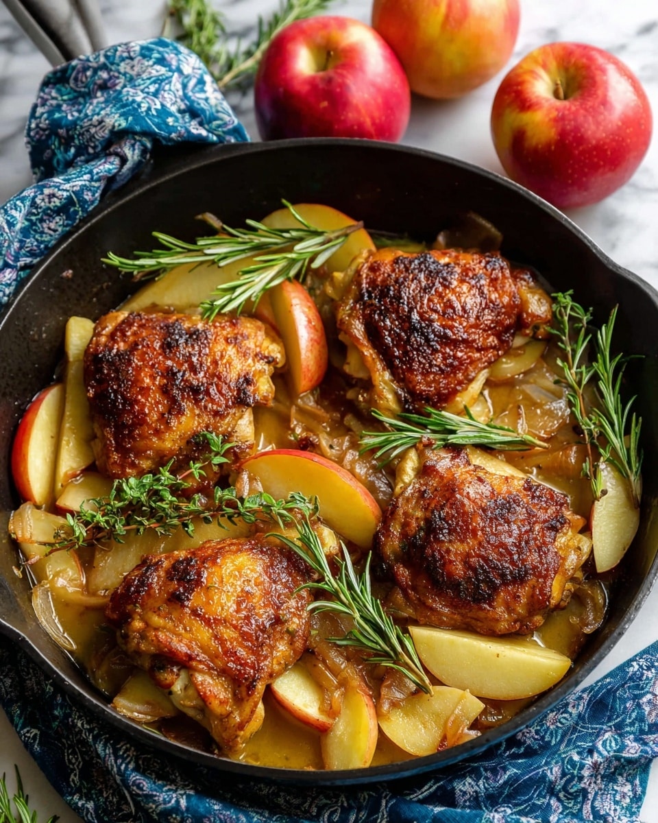 The dish shows four browned, crispy chicken thighs placed evenly on the bottom of a white plate, surrounded by thick wedges of golden apple with a reddish skin edge and soft caramelized onion slices, all resting in a light brown sauce that glistens around the ingredients; fresh green sprigs of rosemary and thyme are scattered on top and between the layers for a fresh touch, with a white marbled textured surface underneath and a beige linen cloth slightly visible at the bottom left corner. photo taken with an iphone --ar 4:5 --v 7