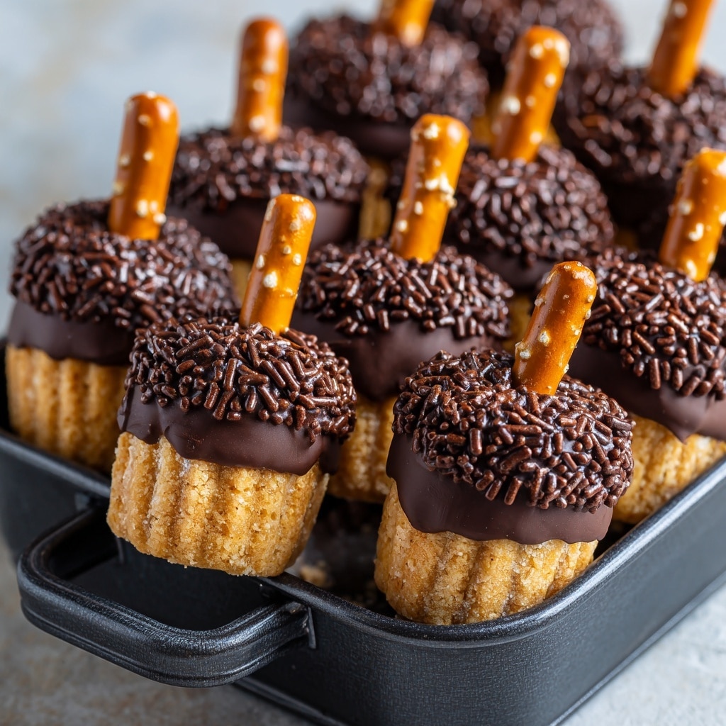 The image shows a close-up of multiple small, acorn-shaped layered treats arranged inside a black container. Each treat has two light brown sandwich cookies with a peanut butter pattern on the top and bottom. The top half of the cookie duo is dipped in dark brown chocolate sprinkles, creating a textured layer. A short piece of pretzel stick is inserted at one end of each cookie to mimic an acorn stem, adding an orange-brown crispy layer. The white marbled surface is visible beneath and around the container, adding a clean, bright background. photo taken with an iphone --ar 4:5 --v 7