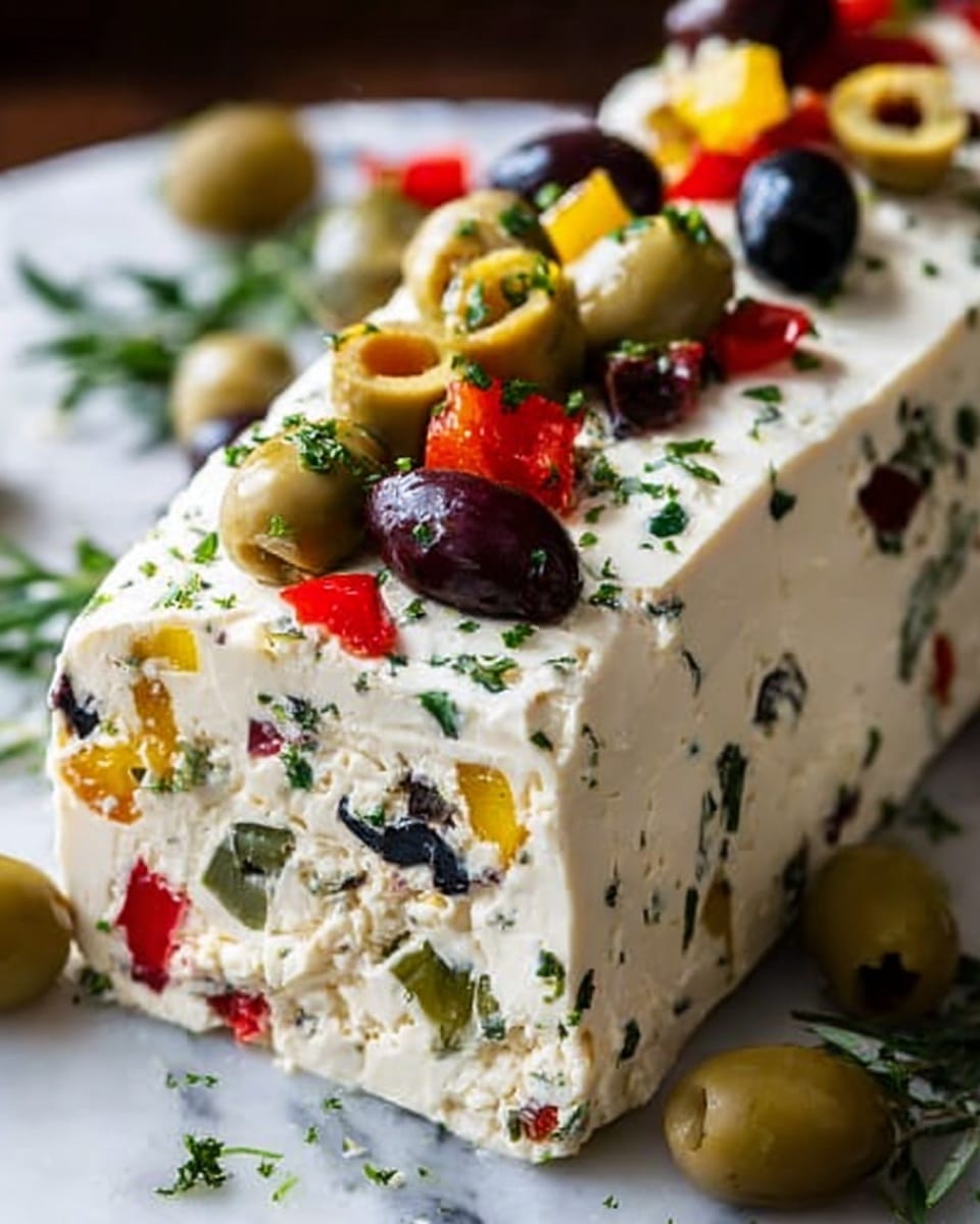 The image shows a close-up of a rolled cheese log placed on a white marbled surface. The cheese is creamy white with a smooth texture, and it is filled with layers of colorful ingredients like green and black olives, small red and yellow pieces that look like peppers or sun-dried tomatoes, and chopped green herbs scattered throughout. On the top, there are whole green and black olives, sliced red peppers, and some fresh green herbs for garnish, all giving a bright and fresh look. The cheese log is thick, about three layers deep, showing the mix inside. Photo taken with an iphone --ar 4:5 --v 7