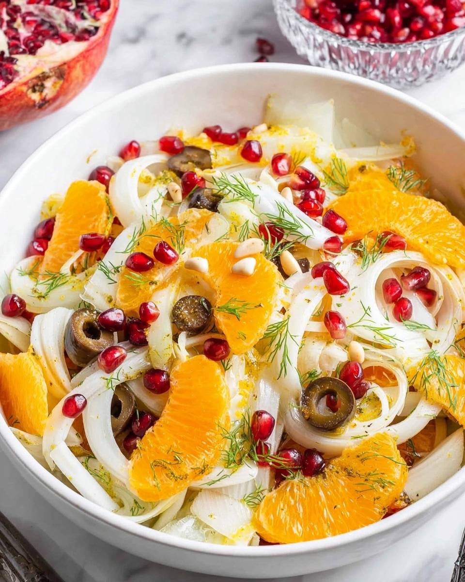A white bowl filled with a bright and fresh salad with three main layers: the base layer has white and pale green sliced fennel pieces with a crisp texture, the middle layer shows scattered dark purple sliced olives and bright orange orange segments adding pops of color, and the top layer is sprinkled with shiny red pomegranate seeds, light brown toasted pine nuts, and green dill herbs for garnish. The bowl sits on a white marbled textured surface, surrounded by a small glass bowl of vibrant red pomegranate seeds, a glass with golden yellow dressing, some fresh green celery stalks, and a gold spoon. photo taken with an iphone --ar 4:5 --v 7