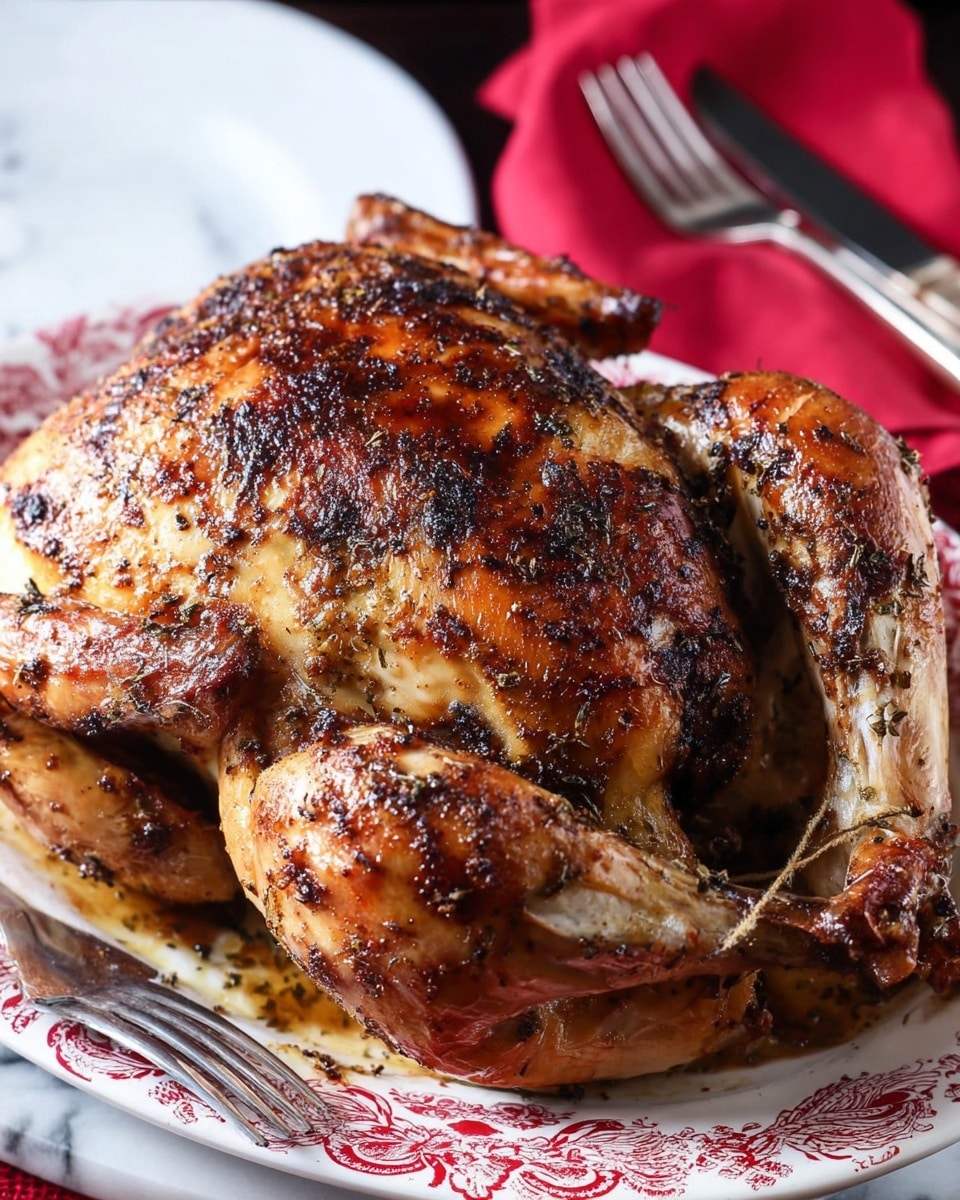 A whole roasted chicken with a golden brown, crispy skin covered in dark, charred spots and herbs sits on a white plate with a red decorative pattern, resting on a white marbled surface. The chicken shows a mix of shiny, roasted textures with visible seasoning, and the legs and wings are tucked close to the body. Nearby, a fork and carving knife with silver handles rest partly under the plate. In the background, a folded red napkin with a silver knife on top is slightly out of focus. photo taken with an iphone --ar 4:5 --v 7
