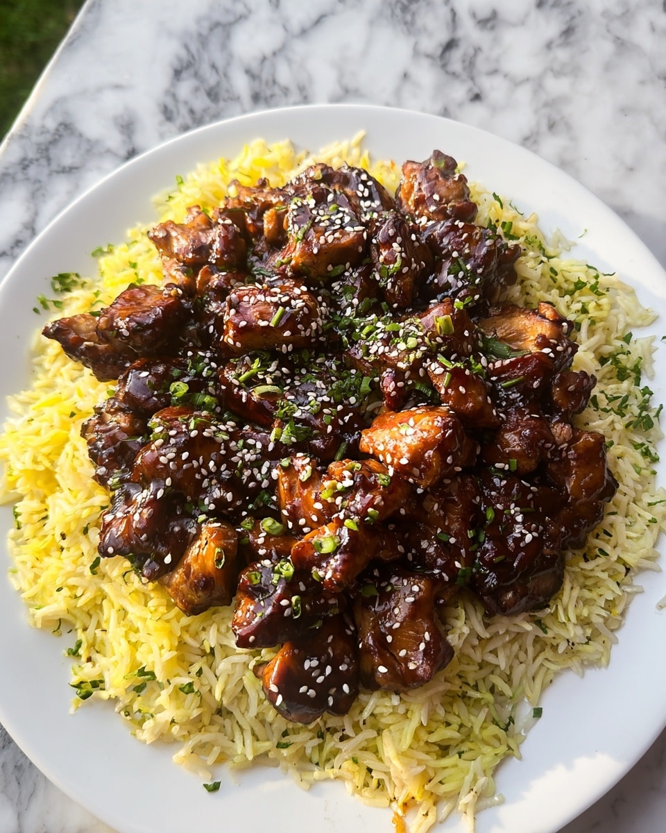 A white plate is filled with two layers of food resting on a white marbled texture. The bottom layer is yellow rice with visible grains, soft texture, and some herbs mixed in. On top of the rice, there is a thick layer of dark brown grilled chicken pieces, glazed with a shiny sauce and showing some charred edges. The chicken is sprinkled with white sesame seeds and small bits of green herbs, adding texture and color contrast to the dish. The photo is taken outside, with a green blurred background visible. photo taken with an iphone --ar 4:5 --v 7
