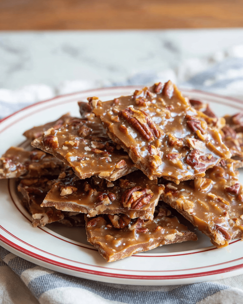 The image shows a white plate with a red stripe on the edge, filled with several square pieces of pecan candy bark stacked in a slightly messy pile. The bark has a crunchy light brown base layer, topped with a gooey caramel-like layer with pecan nuts embedded throughout, showing a mix of glossy caramel and textured nut surfaces. The bark pieces have uneven edges and some pecans stick out more, giving an inviting homemade look. The plate is placed on a white marbled surface with a soft striped cloth underneath. photo taken with an iphone --ar 4:5 --v 7