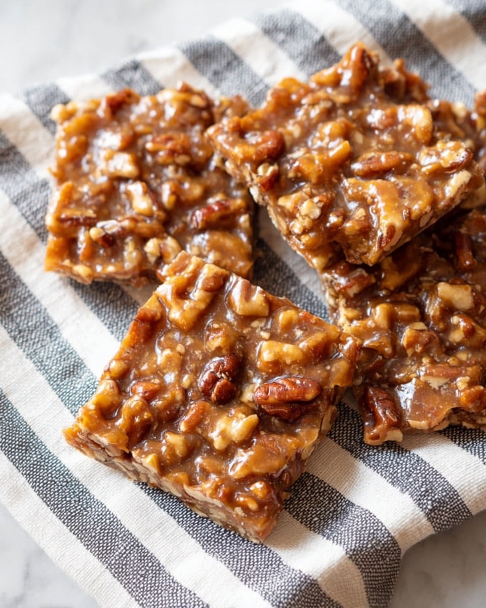 The image shows square nut brittle pieces laid on a cloth with white and black stripes, resting on a white marbled texture. Each brittle piece is thick and packed with shiny, caramel-glazed pecans that give a rich brown color with a sticky texture. The pieces have uneven edges but are clearly cut into squares, showing the nuts embedded throughout the honey-like caramel layer. The overall look is crunchy and sticky with a glossy finish on the caramel. Photo taken with an iphone --ar 4:5 --v 7