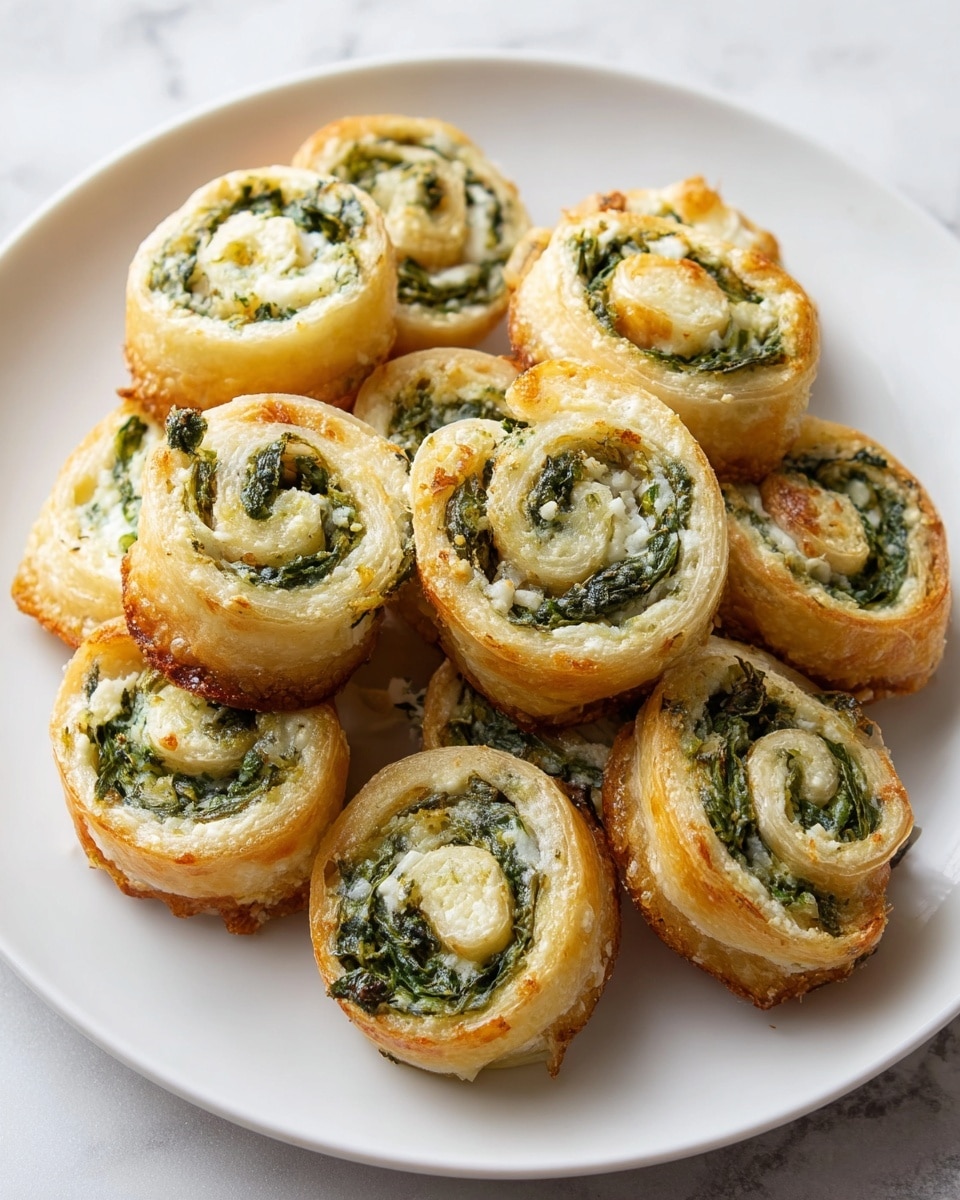 A white plate holds a pile of small pinwheel snacks, each with two main layers. The outer layer is a light golden-brown, flaky pastry with a slightly crispy texture. The inside layer shows a swirl of creamy white cheese mixed with chopped green spinach, creating a spiral pattern inside each round piece. The pinwheels are placed close together on the plate, which is set on a surface with a white marbled texture. Photo taken with an iphone --ar 4:5 --v 7
