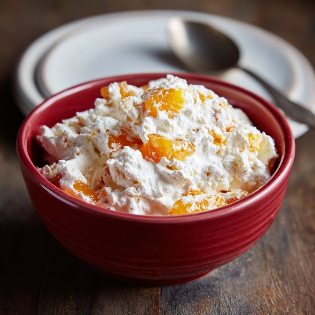 A close-up image of a dessert served in a white bowl filled with multiple layers of creamy white whipped topping mixed with small pieces of light orange fruit, likely mandarin oranges. The texture of the topping is fluffy and soft, evenly mixed with the fruit chunks. Behind the bowl, there is a white round plate holding a large silver spoon, all set on a white marbled surface. The dessert looks thick and slightly lumpy with visible fruit pieces spread throughout, giving it a rich, creamy, fruity appearance. Photo taken with an iphone --ar 4:5 --v 7