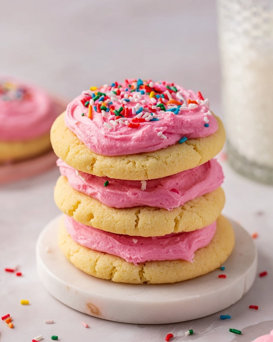 The image shows a white plate filled with soft round sugar cookies arranged in rows. Each cookie has one thick layer of bright pink frosting spread unevenly on top, giving a textured, creamy look. On top of the frosting, there are small colorful sprinkles scattered across each cookie, adding pops of red, yellow, green, blue, and white. The plate sits on a white marbled surface with a light beige cloth partially visible near the plate’s edge. photo taken with an iphone --ar 4:5 --v 7