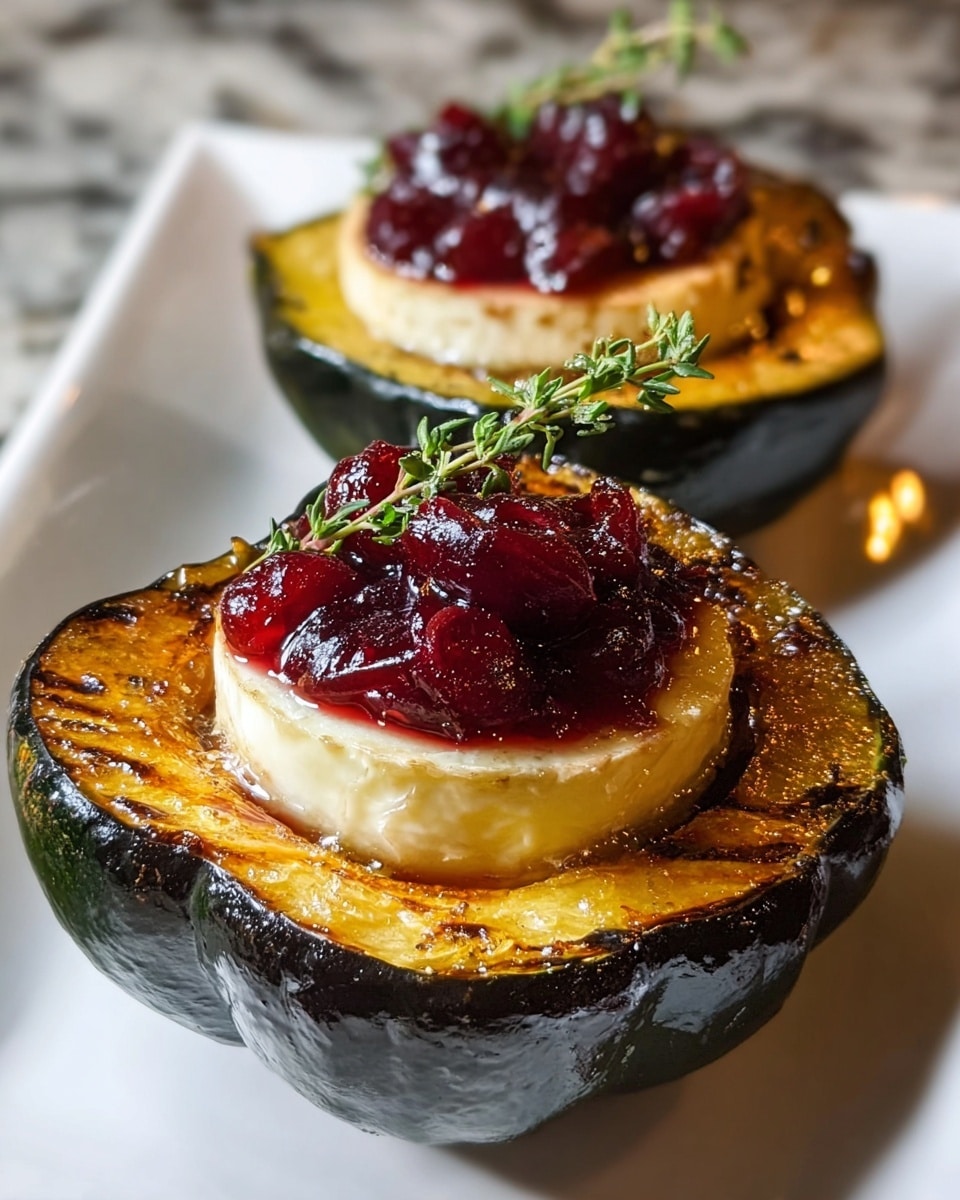 Two roasted acorn squash halves are served on a white rectangular plate over a white marbled surface. Each acorn squash has a dark green outer skin with a slightly charred, golden-orange inner flesh that looks caramelized and soft. Inside the hollow center of each squash half sits a thick, round slice of creamy white cheese, which is topped with a shiny, rich red cranberry sauce that has whole cranberries, giving a chunky texture. A small sprig of fresh green thyme is placed upright in the center of both squash halves, adding a touch of fresh color. The photo is close-up, highlighting the glossiness and textures of the squash, cheese, and sauce. photo taken with an iphone --ar 4:5 --v 7