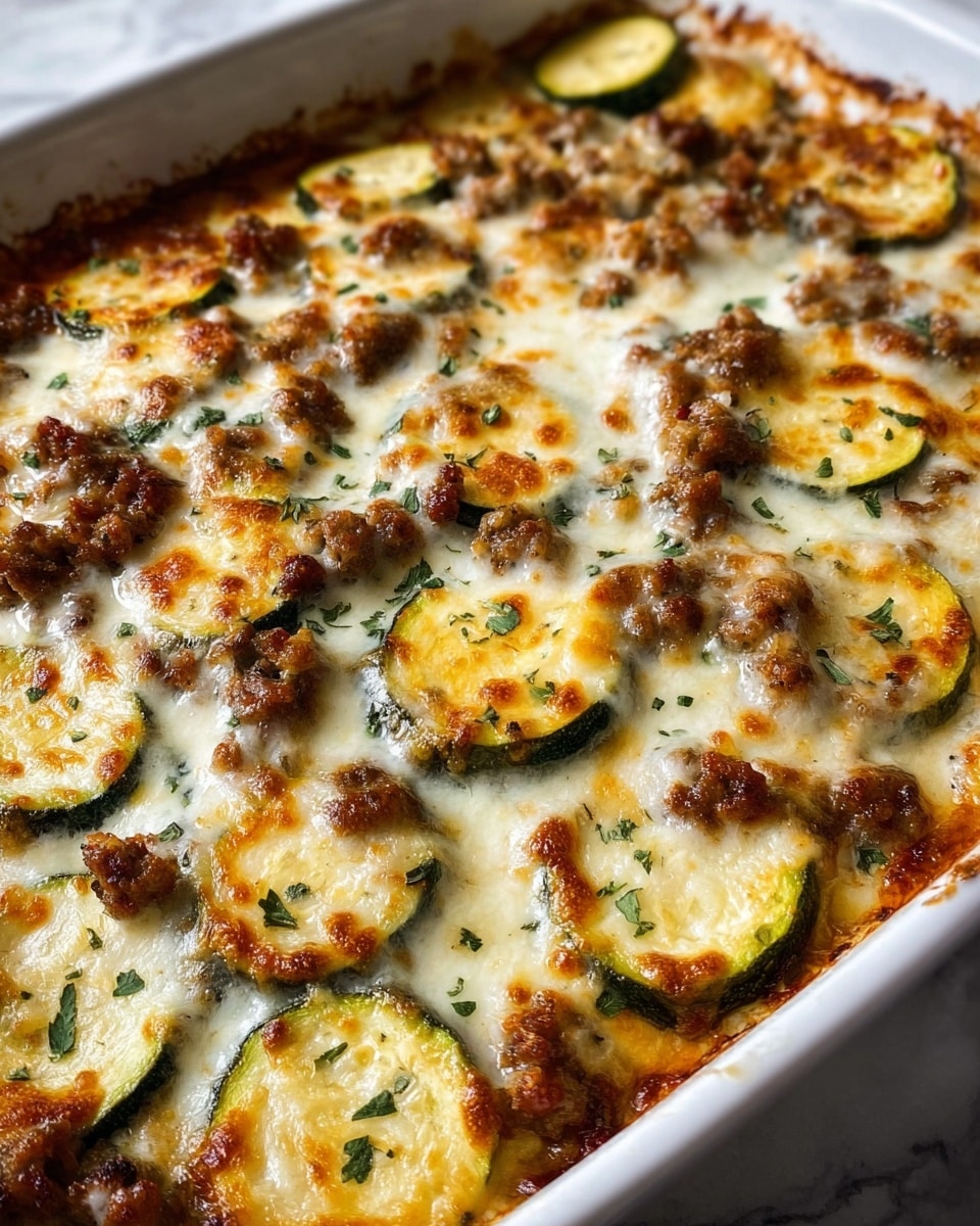 A close-up view of a baked dish in a white rectangular baking dish, showing a top layer of browned melted cheese mixed with slices of golden-yellow zucchini with light grill marks and browned ground meat scattered evenly on top, all lightly sprinkled with small green herbs. The cheese layer has a bubbly and slightly crispy texture, covering the round zucchini slices and meat pieces underneath. The edges of the baking dish show some baked-on browned bits. The dish is placed on a white marbled surface. photo taken with an iphone --ar 4:5 --v 7