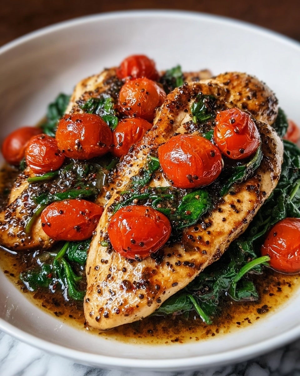 The image shows a white bowl filled with three large pieces of seasoned, cooked chicken breast on a base of dark green sautéed spinach. Bright red cherry tomatoes, both whole and halved, are scattered throughout the dish on top and around the chicken. The chicken has a shiny glaze with visible crushed black pepper and seasoning. A dark, glossy sauce pools slightly at the bottom of the bowl, adding moisture and shine to the dish. The whole scene is set on a white marbled surface. photo taken with an iphone --ar 4:5 --v 7