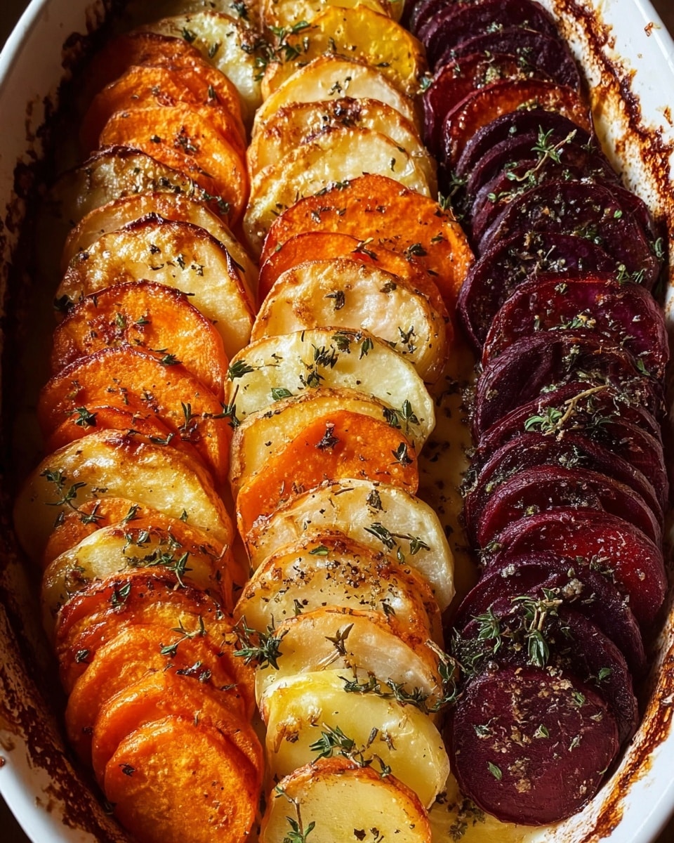 This dish shows a white oval baking dish filled with three rows of baked, thinly sliced vegetables arranged in standing layers. The left row has orange slices with a slightly crispy, browned surface. The middle row features yellow slices, also browned on top with melted cheese and herbs. The right row contains deep purple slices with a lightly charred crust sprinkled with herbs. The dish is topped with small green herb leaves scattered evenly for garnish. The baked edges of the dish have some browned bits, adding to the texture. The whole scene is set on a white marbled surface. photo taken with an iphone --ar 4:5 --v 7