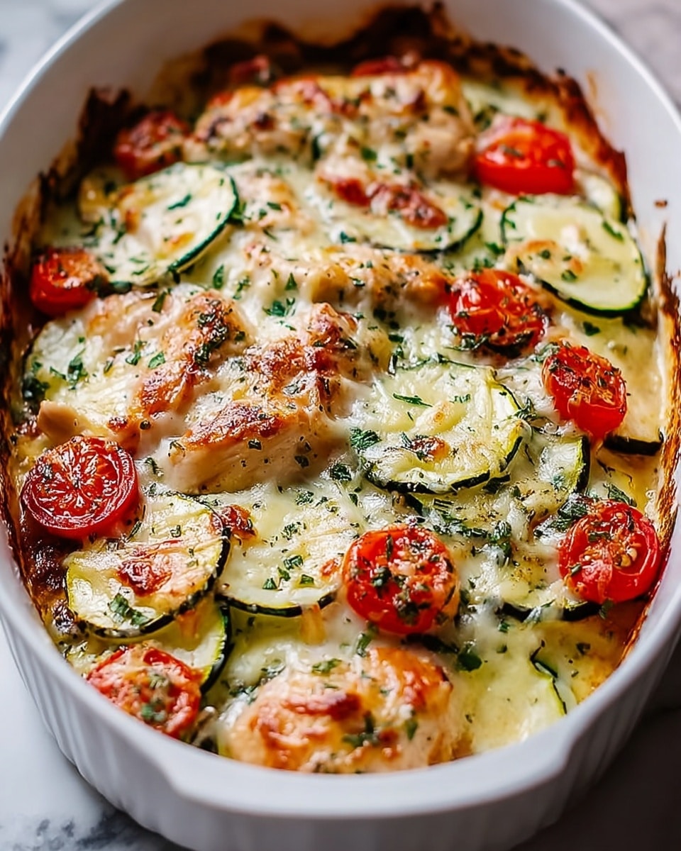 A baked casserole in a white oval dish showing layers of tender chicken pieces browned on top, thin green zucchini slices with a soft texture, and small round red tomato slices. The dish is covered with melted, golden-brown cheese mixed with green herbs scattered throughout. The edges of the dish show browned, bubbling sauce, and the overall texture looks creamy and rich with a mix of soft vegetables and juicy chicken. The white marbled surface contrasts with the vibrant colors of the food. photo taken with an iphone --ar 4:5 --v 7